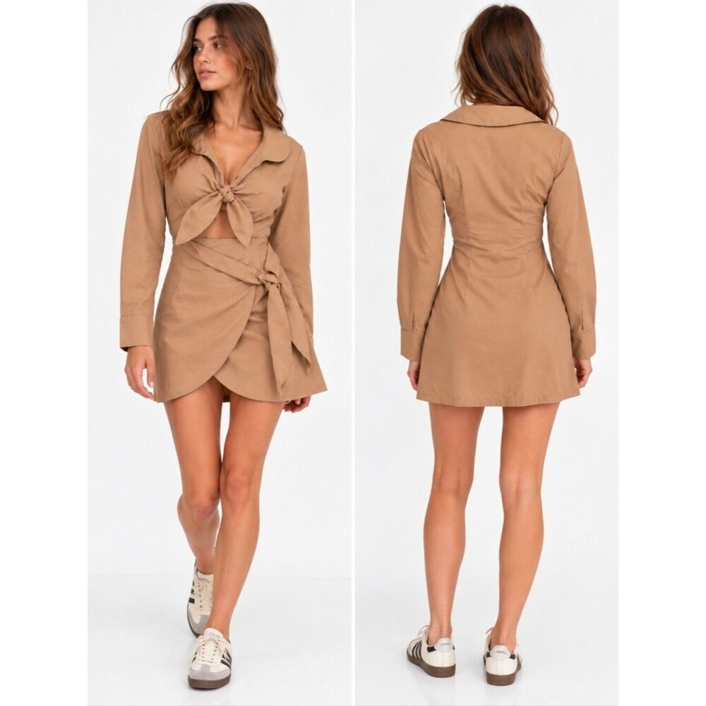 PrettyLittleThing Beige Tie Front Cutout Wrap Mini Dress Size 0